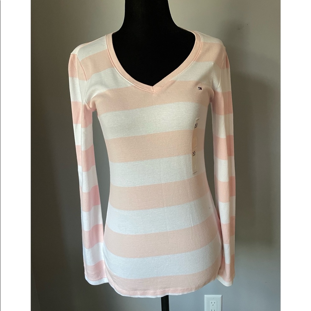 NWT Tommy Hilfiger Pink Striped V Neck Long Sleeve (XS)